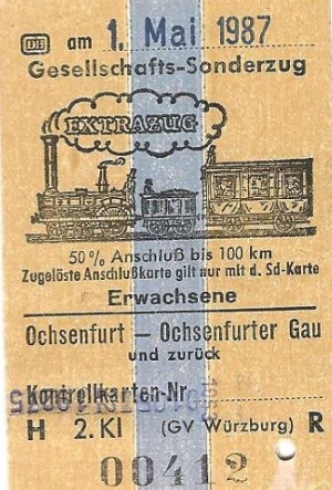 Beim Schaffner gelöste Fahrkarte für die Nostalgiefahrt am 01.Mai 1987 (Bild: Privat)