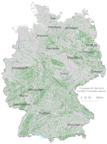 Waldflächenverteilung hier bei uns in Deutschland (Abbildung: © Geobasis Deutschland und Umweltbundesamt)